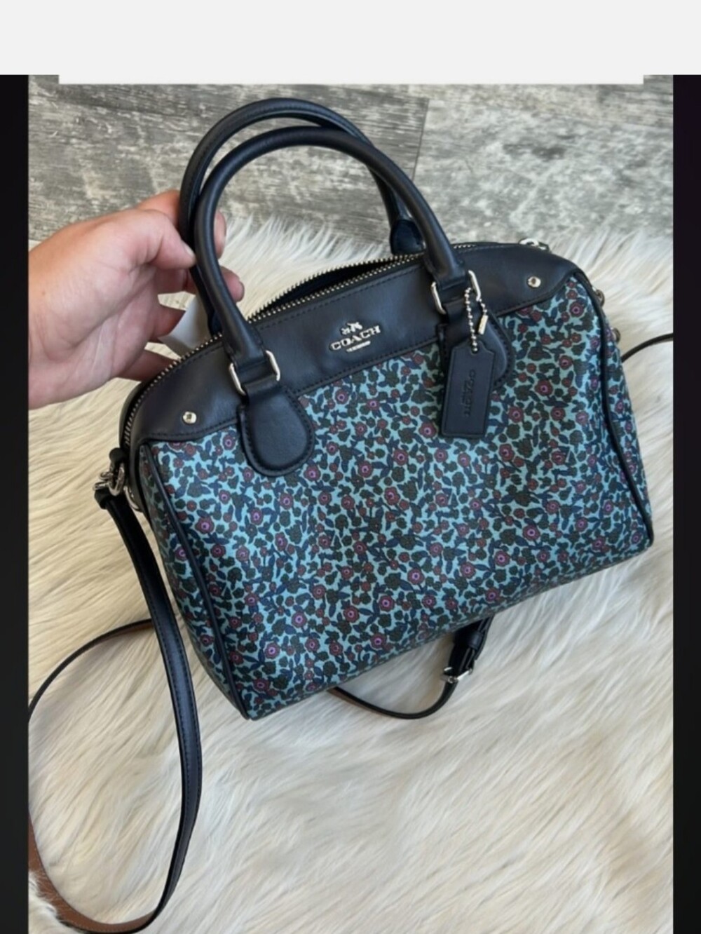 COACH F59445 Mini Bennett Satchel Floral Coated Canvas Navy Leather Crossbody